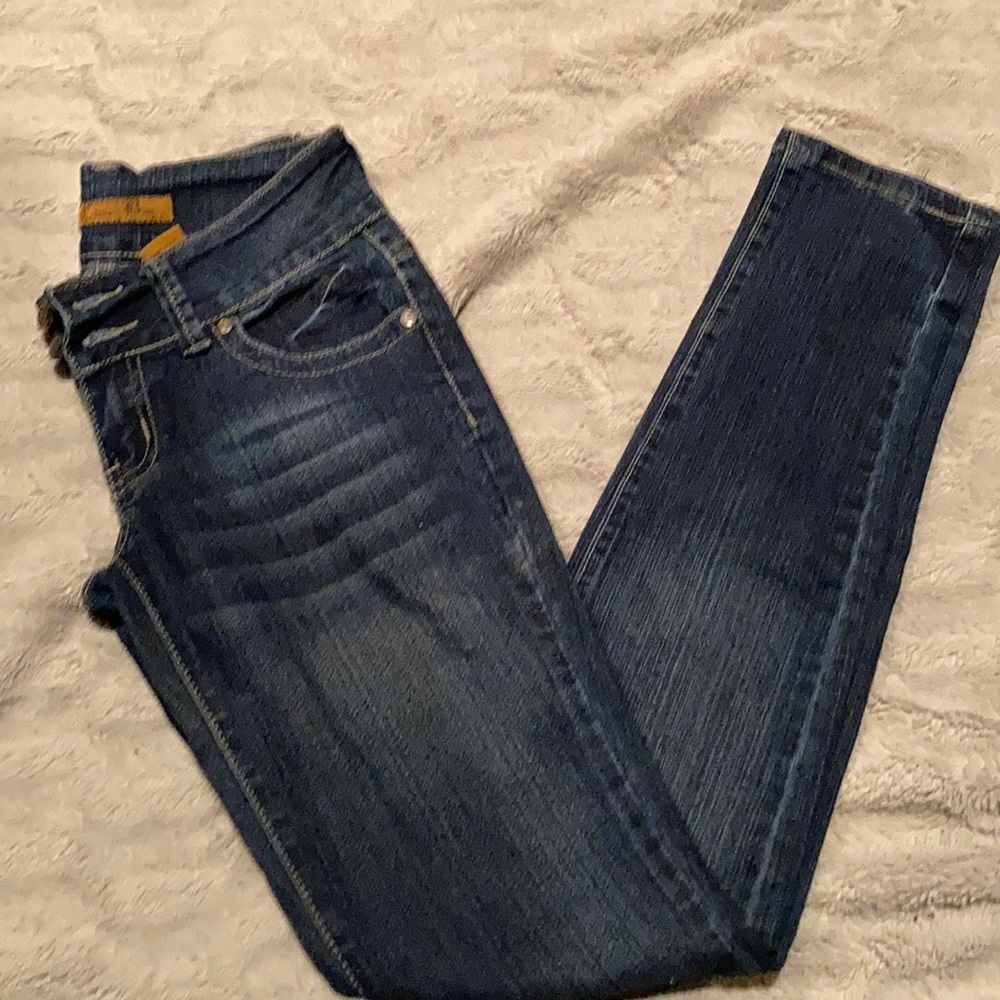 Dark denim straight leg stretchy jeans